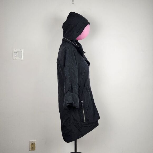 Black Hooded Trench Coat Lightweight Zip up Jacket Windbreaker Roll-tab Sleeve - Picture 5 of 16